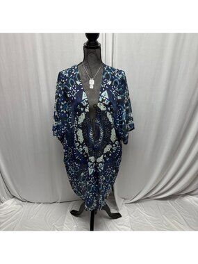 Blue White Mandala Print Sheer Open Front Kimono Cardigan One Size